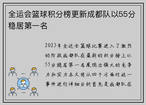 全运会篮球积分榜更新成都队以55分稳居第一名